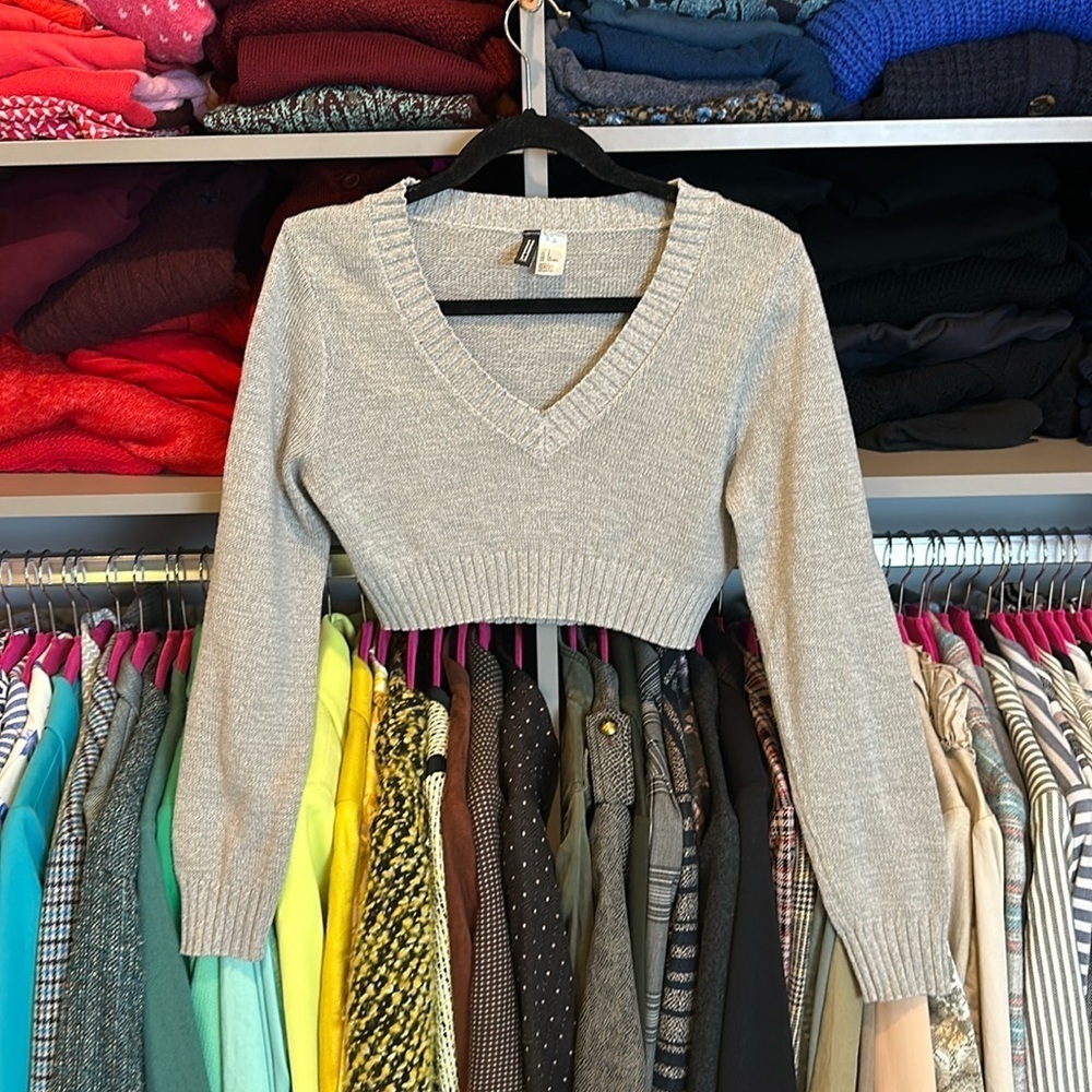 H&M Divided gray long sleeve v neck cropped sweater size S​